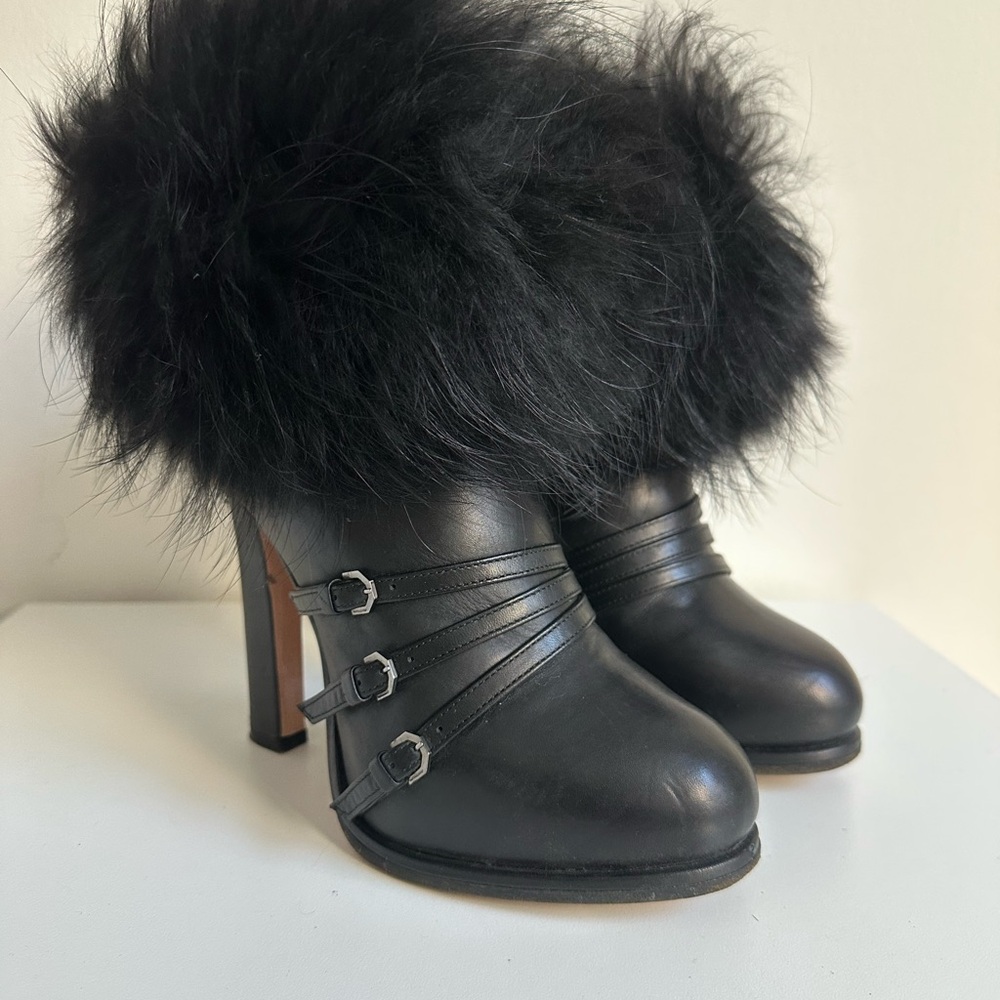 Viktor & Rolf Black Fur-Trim Leather High Heel Booties